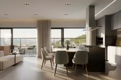 Sala de estar e jantar integrada à cozinha com janelas panorâmicas e vista para o mar — A1 Elementos da Terra em Coqueiros, Florianópolis