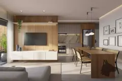 Sala de estar integrada à cozinha com painel de TV em madeira e mesa de jantar — A1 Elementos da Terra em Coqueiros, Florianópolis