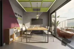 Sala de coworking com mesa longa, cadeiras brancas, TV e teto verde — A1 Elementos da Terra em Coqueiros, Florianópolis