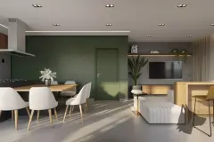 Sala de estar e jantar integrada com parede verde, TV e mesa de jantar — A1 Elementos da Terra em Coqueiros, Florianópolis