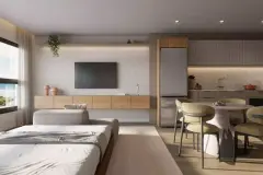 Studio com cama, sala e cozinha integrados, parede em tijolinho e janela com vista — A1 Elementos da Terra em Coqueiros, Florianópolis