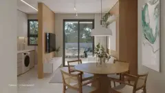 Sala de estar e jantar do garden com 2 dormitórios, mesa redonda de madeira e varanda ao fundo — Adore Cacupé em Cacupé, Florianópolis