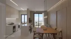 Sala de estar e cozinha integrada da unidade 401 com 3 suítes e sacada com vista para o mar — Adore Cacupé em Cacupé, Florianópolis