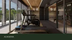 Academia com esteira, bicicleta, halteres e parede de vidro com vista para árvores — Adore Cacupé em Cacupé, Florianópolis
