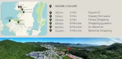 Mapa de localização do empreendimento Adore Cacupé com distâncias para os principais pontos e foto aérea — Adore Cacupé em Cacupé, Florianópolis