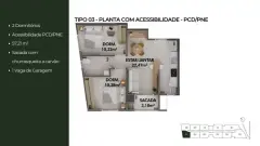 Planta baixa Tipo 03 com acessibilidade PCD/PNE, 2 dormitórios de 57,21 m² com sacada e churrasqueira — Adore Cacupé em Cacupé, Florianópolis
