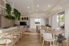 Salão gourmet com cozinha americana, mesas de jantar, TV e jardins suspensos — Adore Canasvieiras em Canasvieiras, Florianópolis