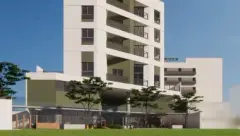 Fachada do edifício com varandas e jardins, blocos em verde e branco — Adore Canasvieiras em Canasvieiras, Florianópolis