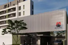 Entrada principal do empreendimento com portaria, logo Adore e estacionamento — Adore Canasvieiras em Canasvieiras, Florianópolis