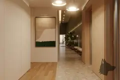 Hall de circulação com corredor em madeira, quadro e planta decorativa — Adore Canasvieiras em Canasvieiras, Florianópolis