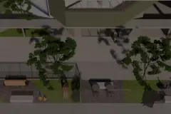Vista superior do térreo com árvores, bancos e deck de madeira — Adore Ingleses em Ingleses, Florianópolis