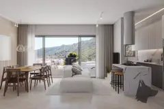 Sala de estar e jantar integrada à cozinha com ilha de mármore e janela panorâmica para as montanhas — Adore Level Up em Cachoeira do Bom Jesus, Florianópolis