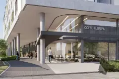 Entrada do térreo comercial com Coffe Floripa, arcada e pedestres — Adore Level Up em Cachoeira do Bom Jesus, Florianópolis