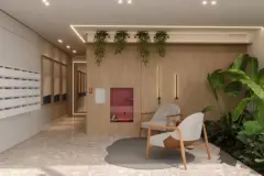 Hall de entrada com poltronas, painel de madeira, plantas e caixas de correio — Adore Level Up em Cachoeira do Bom Jesus, Florianópolis