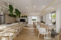 Salão gourmet com cozinha americana, jardins suspensos, mesas de jantar e TV — Adore Level Up em Cachoeira do Bom Jesus, Florianópolis