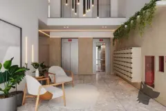 Lobby com dois elevadores, poltronas brancas, plantas e caixas de correio — Adore Level Up em Cachoeira do Bom Jesus, Florianópolis