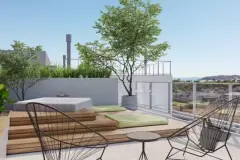 Terraço privativo com deck de madeira, bancos, vasos e vista para o bairro — Adore Level Up em Cachoeira do Bom Jesus, Florianópolis