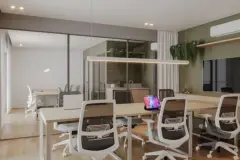 Espaço coworking com bancadas, cadeiras de escritório e sala de reunião com vidro — Adore Level Up em Cachoeira do Bom Jesus, Florianópolis