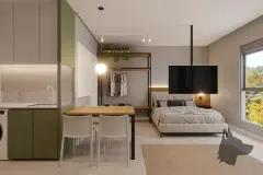 Studio com cozinha verde, mesa de jantar, closet aberto e cama de casal com TV — Adore Level Up em Cachoeira do Bom Jesus, Florianópolis