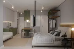 Studio com cozinha verde, mesa compacta, cama de casal e prateleiras abertas — Adore Level Up em Cachoeira do Bom Jesus, Florianópolis