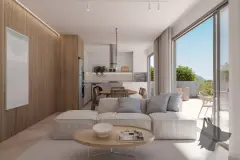 Sala de estar com sofá claro, mesa de centro, cozinha americana e sacada com vista para árvores — Adore Level Up em Cachoeira do Bom Jesus, Florianópolis
