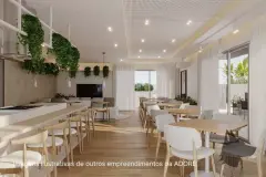 Salão gourmet com cozinha americana, jardins suspensos e mesas de jantar — Adore Smart Nova Cachoeira em Cachoeira do Bom Jesus, Florianópolis