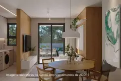 Sala de jantar com mesa redonda, sofá e porta para sacada com jardim ao fundo — Adore Smart Nova Cachoeira em Cachoeira do Bom Jesus, Florianópolis