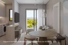 Sala de jantar com mesa redonda, sofá e sacada com vista para as montanhas — Adore Smart Nova Cachoeira em Cachoeira do Bom Jesus, Florianópolis