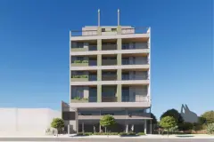 Fachada frontal ampla com 7 andares, térreo comercial e jardins na calçada — Adore Smart Nova Cachoeira em Cachoeira do Bom Jesus, Florianópolis