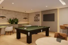Perspectiva ilustrativa da sala de jogos com mesa de sinuca, TV de parede e decoração em madeira e pedra — Algae Beach Residence em Cachoeira do Bom Jesus, Florianópolis