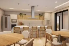 Perspectiva ilustrativa da cozinha gourmet com ilha de granito, banquetas de rattan e mesas redondas de jantar — Algae Beach Residence em Cachoeira do Bom Jesus, Florianópolis
