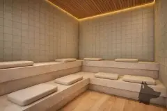 Perspectiva ilustrativa da sauna seca com bancos em mármore claro e forro ripado em madeira com LED — Algae Beach Residence em Cachoeira do Bom Jesus, Florianópolis