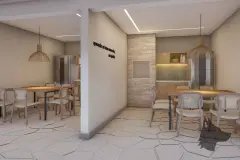 Perspectiva ilustrativa do salão de festas com mesas de jantar em madeira, pendentes e cozinha de apoio ao fundo — Algae Beach Residence em Cachoeira do Bom Jesus, Florianópolis