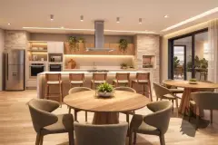 Perspectiva ilustrativa do salão gourmet com cozinha americana completa, ilha com banquetas e mesas redondas — Algae Beach Residence em Cachoeira do Bom Jesus, Florianópolis