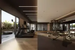 Perspectiva ilustrativa da academia fitness com esteiras, bicicletas, aparelhos de musculação e jardim externo — Algae Beach Residence em Cachoeira do Bom Jesus, Florianópolis