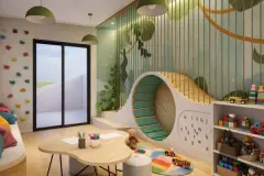 Perspectiva ilustrativa da brinquedoteca com túnel de brincar, parede de escalada, mesa infantil e estante de brinquedos — Algae Beach Residence em Cachoeira do Bom Jesus, Florianópolis