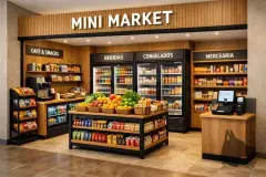 Perspectiva ilustrativa do mini mercado com seções de bebidas, congelados, mercearia, café e frutas frescas — Algae Beach Residence em Cachoeira do Bom Jesus, Florianópolis