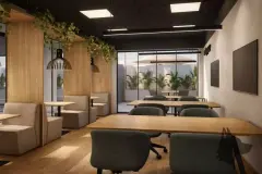Perspectiva ilustrativa do coworking com mesas longas, cadeiras verdes, sofás e vista para jardim externo com guarda-sol — Algae Beach Residence em Cachoeira do Bom Jesus, Florianópolis