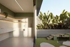 Perspectiva ilustrativa do pet place com ducha, bancos em mármore, prateleiras em madeira e jardim tropical ao ar livre — Algae Beach Residence em Cachoeira do Bom Jesus, Florianópolis