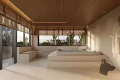 Perspectiva ilustrativa do spa com banheira de hidromassagem embutida, forro ripado em madeira e venezianas com plantas tropicais — Algae Beach Residence em Cachoeira do Bom Jesus, Florianópolis