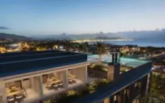Perspectiva ilustrativa do rooftop ao entardecer com varanda gourmet, piscina de borda infinita e vista para o mar de Cachoeira do Bom Jesus — Algae Beach Residence em Cachoeira do Bom Jesus, Florianópolis