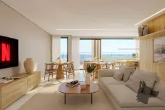 Perspectiva ilustrativa da sala de estar e jantar integradas com sofá bege, TV, mesa de madeira e varanda com vista para o mar — Algarve Residence em Ingleses, Florianópolis