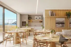 Perspectiva ilustrativa do salão gourmet com mesas redondas em madeira, cadeiras Wishbone, cozinha de apoio e vista para o mar — Algarve Residence em Ingleses, Florianópolis