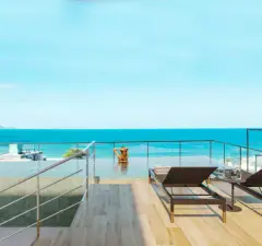 Perspectiva ilustrativa da piscina de borda infinita no rooftop com espreguiçadeiras e vista panorâmica para o oceano azul de Ingleses — Algarve Residence em Ingleses, Florianópolis