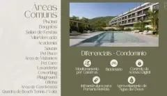 Infográfico com lista de áreas comuns e diferenciais do condomínio, incluindo piscina, bangalôs, sauna, academia e quadra de beach tênis — Allameda Santo Antônio em Santo Antônio de Lisboa, Florianópolis
