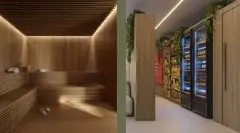 Perspectiva ilustrativa da sauna seca em madeira ripada com LED e, ao lado, mini mercado com adegas iluminadas e prateleiras — Allameda Santo Antônio em Santo Antônio de Lisboa, Florianópolis
