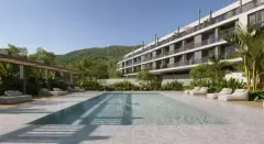 Perspectiva ilustrativa da piscina retangular com espreguiçadeiras, paisagismo tropical e morro verde ao fundo — Allameda Santo Antônio em Santo Antônio de Lisboa, Florianópolis