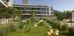 Perspectiva ilustrativa do playground ao ar livre com escorregador, balanço, grama e jardim de gramíneas ornamentais — Allameda Santo Antônio em Santo Antônio de Lisboa, Florianópolis