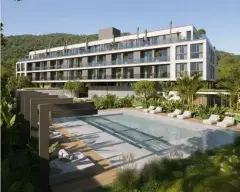 Perspectiva ilustrativa da piscina retangular com deck de madeira, espreguiçadeiras brancas e paisagismo exuberante ao redor — Allameda Santo Antônio em Santo Antônio de Lisboa, Florianópolis
