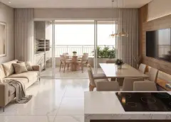 Perspectiva ilustrativa da sala de estar e jantar com sofá bege, TV em painel amadeirado, cooktop de bancada e varanda ao fundo — Almare Jurerê em Jurerê, Florianópolis